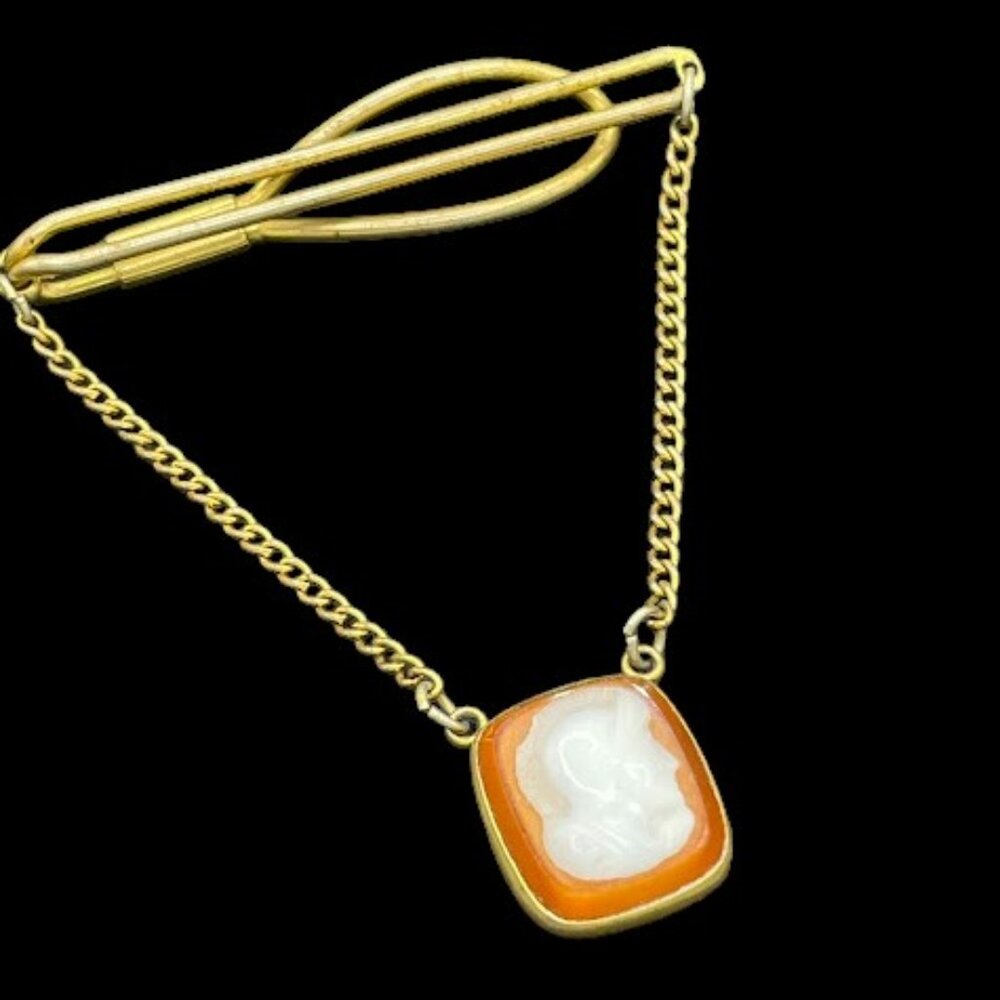 Vintage Gold Tone Roman Soldier Cameo Tie Bar Chain Gentleman's Accessories